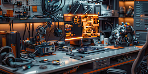 Close-up of a robotics technician's desk with robot components and maintenance tools, showcasing a job in robotics technology