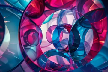 A playful abstract artwork with a vibrant palette of sky blue, magenta, and crimson, arranged in a kaleidoscope of overlapping circles and squares  