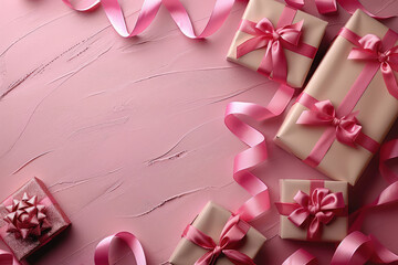 Pink gift boxes with ribbons on a pink background, a closeup of a gift box, a pink ribbon. Created with Ai