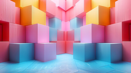 An abstract design featuring symmetrical colorful cubes in shades of pink and blue, creating a vibrant, geometric pattern.
