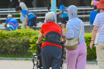 A maid supports an elderly person pushing a wheelchair