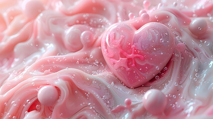 A 3D-rendered pink heart with intricate details, nestled in a soft, fluid environment with a water-droplet texture, suggesting themes of love and tenderness.
