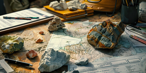 Close-up of a geoscientist's desk with geological maps and rock samples, representing a job in geoscience