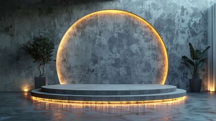 A futuristic wall scene with a shiny silver cylinder pedestal podium. A sci-fi white empty room concept with semicircular glowing neon lighting. Modern rendering of a 3D shape, Product display.