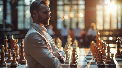 A confident, determined chess player stands with arms crossed amidst towering chess pieces in a strategic setup.