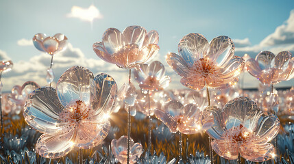 Artificial glass flowers sparkle brilliantly under the sun, creating a stunning and enchanting field of light.
