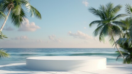 White podium against the backdrop of the sea and palm trees for product advertising.