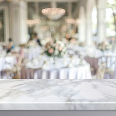 marble table with a blurred background of a wedding reception.
