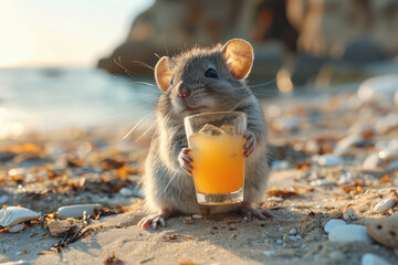 Photo of an adorable mouse on the beach, holding glass with orange juice. Created with Ai