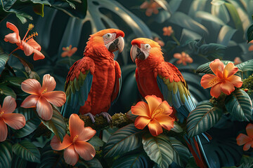  A pair of red parrots in the tropical rainforest, surrounded by exotic flowers and lush greenery. Created with Ai