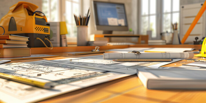 Close-up of a construction estimator's desk with project blueprints and cost estimates, showcasing a job in construction estimation