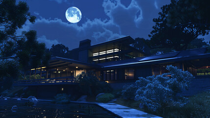 Midnight view of a deep sapphire craftsman cottage with a futuristic streamlined roof, the moon