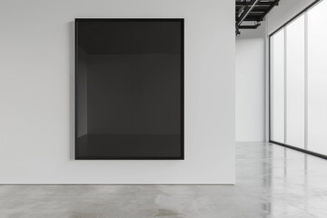 Minimalist museum setting featuring a single large empty black frame on a stark white wall, perfect for art simulations.