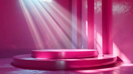 Decorative platform with pink glass podium. Modern 3d rendering of a modern podium. Stage showcase on a pedestal for cosmetic products.