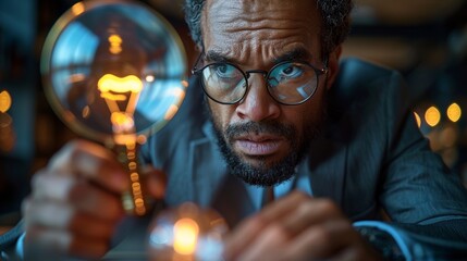 Considering business viability by conducting a feasibility study, assessing the profitability of a business idea, and analyzing a lightbulb idea with a magnifier.