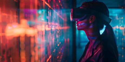 A man contemplating the future of virtual reality in a futuristic neon lit interactive exhibit showcasing technological innovation and immersive