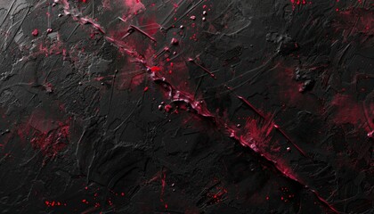 A textured abstract composition with a scratched and scraped black surface, overlaid with splatters of crimson paint  
