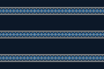 Traditional ethnic motifs ikat geometric fabric pattern cross stitch.Ikat embroidery Ethnic oriental Pixel navy blue background. Abstract,vector,illustration. Texture,decoration,wallpaper.