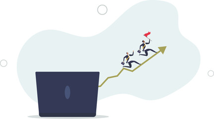 cheerful business people running from growing graph from computer laptop.flat vector illustration.
