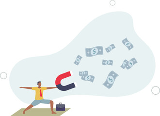 smart businessman hold high power magnet to draw money banknotes.flat vector illustration.