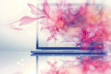  Laptop computer with flower design on screen, vector art illustration on transparent background