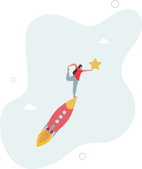 businesswoman riding fast rocket to catch golden star.flat vector illustration.