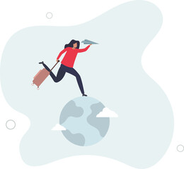 woman holding airplane and vacation baggage running on world map globe.flat vector illustration.