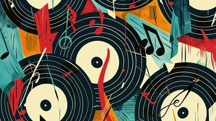 Stylized vinyl records and music notes in a 1950s-70s hybrid style