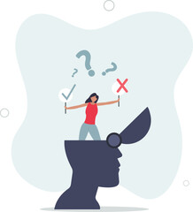 businesswoman in his head making decision right or wrong.flat vector illustration.