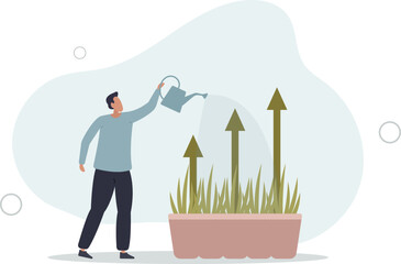 businessman watering seedling plant with growing green growth arrow.flat vector illustration.