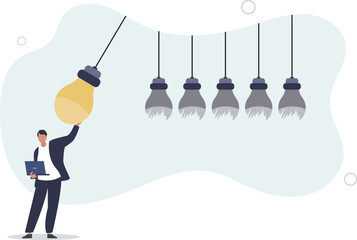 businessman manager pull bright lightbulb as pendulum to transfer knowledge.flat vector illustration.