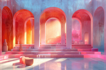 A dreamy and surreal interior design of an ancient spa in pastel pink, red, and orange colors with green and blue details. Created with Ai