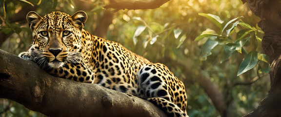 Majestic Leopard Lounging in a Sunlit Tree, Generative AI