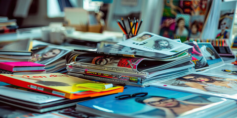 Close-up of a fashion editor's desk with fashion magazines and trend reports, showcasing a job in fashion journalism