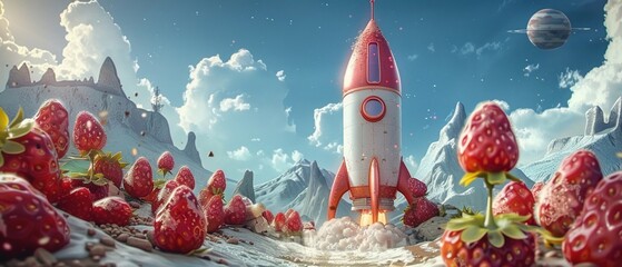 Animation storyboard of strawberries being used as fuel for rocket ships, whimsical and inventive