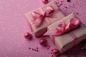 Two pink gift boxes with bows and ribbons stacked on top of each other, pink background with confetti and little Christmas balls. Created with Ai