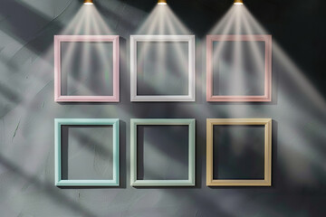 Six empty frames, each with a different pastel border, on a dark grey wall, under targeted spotlights