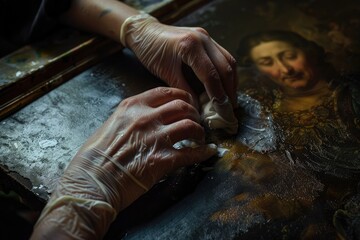 Artistic Restoration A conservator's hands gently cleaning and restoring a historical painting