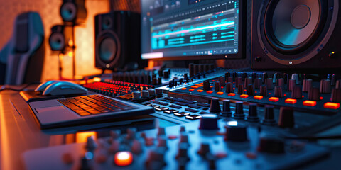 Close-up of a sound designer's desk with audio mixing software and sound effects libraries, illustrating a job in sound design