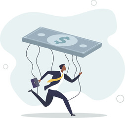 pathetic slave businessman puppet doll being controlled by money.flat vector illustration.