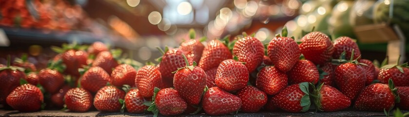 Holographic strawberries displayed in an advanced alien marketplace, hightech and exotic
