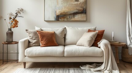 A sophisticated living room setup with plush seating, earth-toned cushions, and a soft blanket, evoking a warm ambiance.