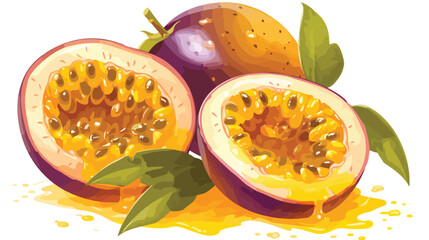 Ripe fresh passionfruit its cut juicy flesh with se