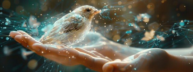 Digital Bird Release: Symbolic Liberation of Nature with Technology - Hands Releasing Bird in Sky