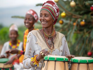 A woman wearing a colorful head scarf and a necklace is playing a drum. She is smiling and she is enjoying herself