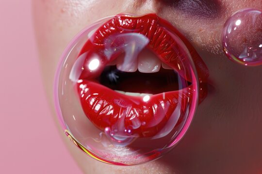 Blowing a Bubblegum Bubble A playful smile as a large pink bubble inflates from bright red lips