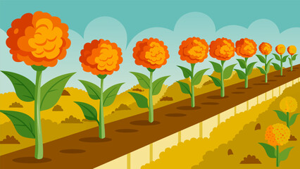 A row of marigolds planted alongside a vegetable garden to repel harmful insects with their natural scent.