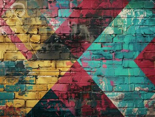 A vibrant, graffiti inspired background with geometric shapes like tags and symbols spray painted onto a brick wall, with a worn and weathered grunge effect 
