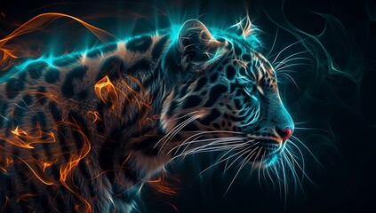 Leopards shine beautifully in neon light,ネオンライトで美しく輝いているヒョウ、Generative AI
 - obrazy, fototapety, plakaty