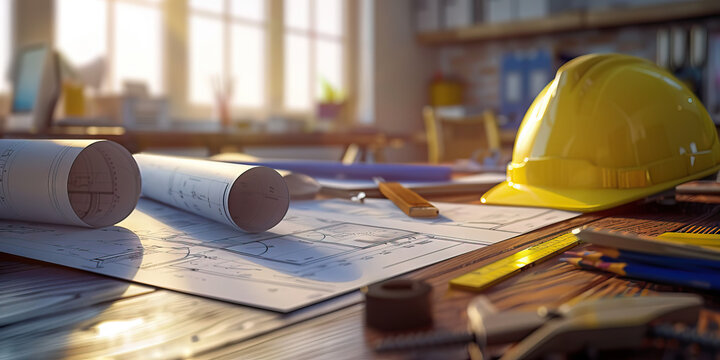 Close-up of a civil engineer's desk with blueprints and construction plans, illustrating a job in civil engineering